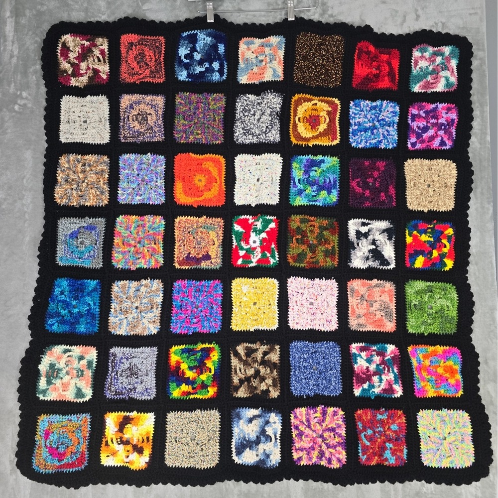 Afghan Granny Squares Knitted Throw Blanket Size 44x40" Crochet Colorful Cottage